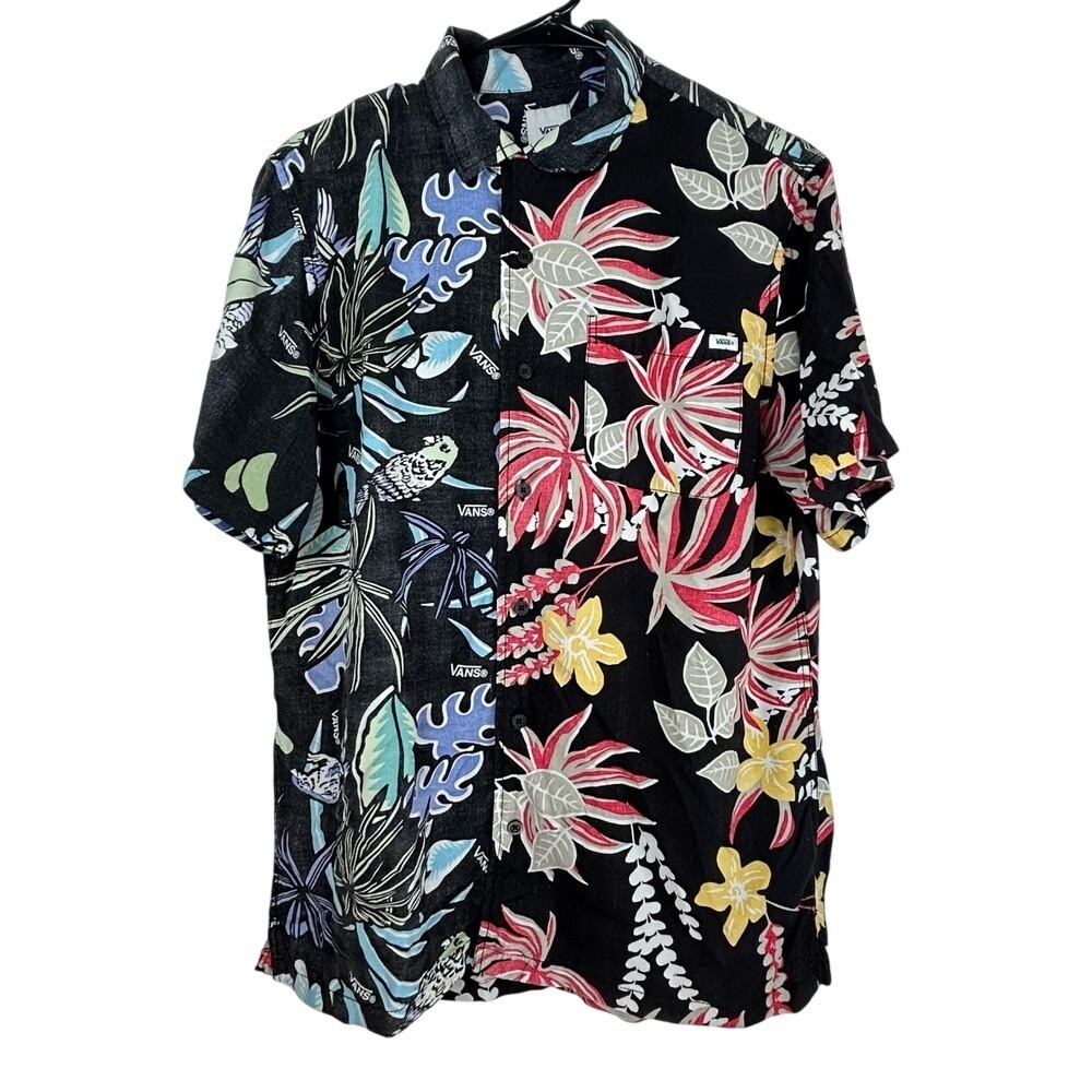 Vans Palm Leaf Hawaiian Shirt Mens Classic Fit Size-M Black Tropical Button Camp